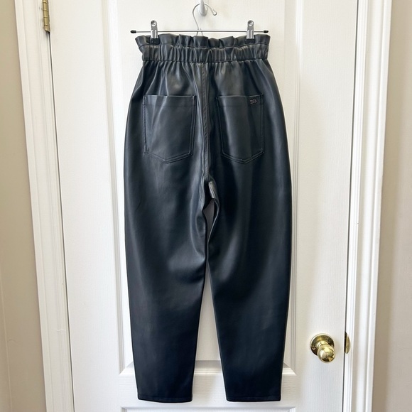 Zara Women's Black Faux Leather Baggy High-Waisted Paperbag Trouser Pants Size 2 - Picture 5 of 16